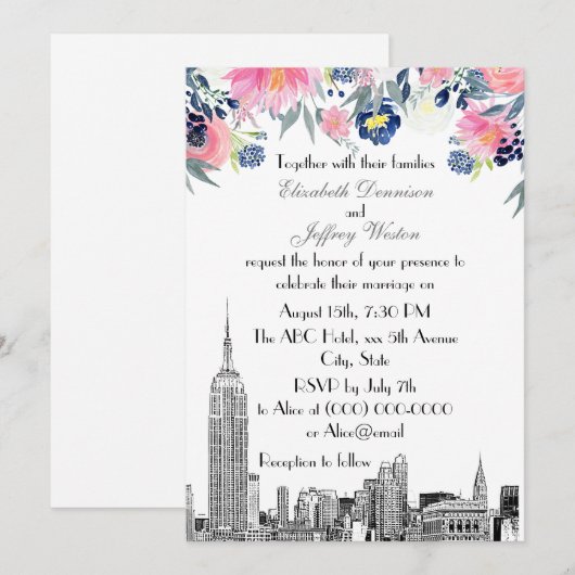 NYC Silhouette ESB Ets Pink Blauw Bloem Bruiloft Kaart (Voorkant / Achterkant)