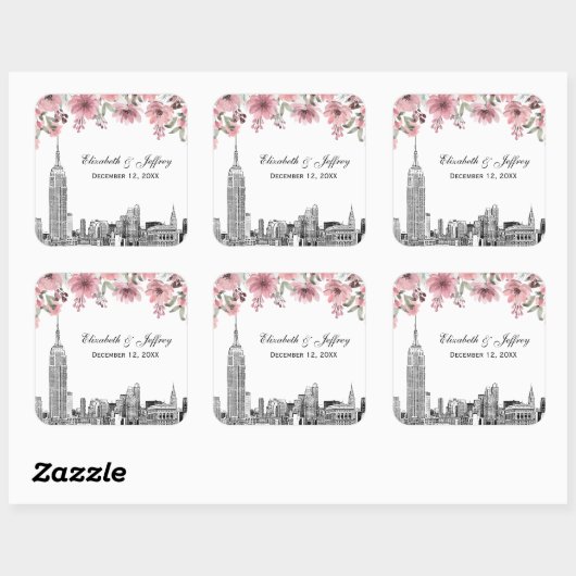 NYC Silhouette ESB Ets Pink Bloemige Waterverf  Vierkante Sticker (Vel)
