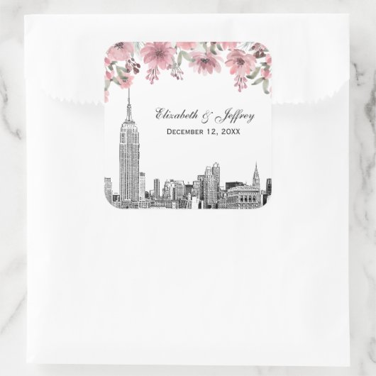 NYC Silhouette ESB Ets Pink Bloemige Waterverf  Vierkante Sticker (Tas)