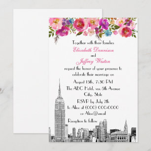 NYC Silhouette ESB Ets Spring Roze Bloemige Trouwd Kaart