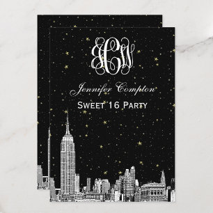 NYC Silhouette Gegraveerde Sterren Wijnstok Letter Kaart