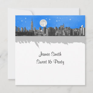 NYC Silhouette Gegraveerde Uitzicht Maan Lt Blauw  Kaart