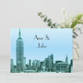 NYC Skyline 01 Blauwgroen geëtste bruiloft uitnodi Kaart (Staand voorkant)