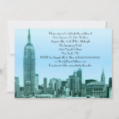 NYC Skyline 01 Blauwgroen geëtste bruiloft uitnodi Kaart (Achterkant)