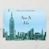 NYC Skyline 01 Blauwgroen geëtste bruiloft uitnodi Kaart (Voorkant / Achterkant)