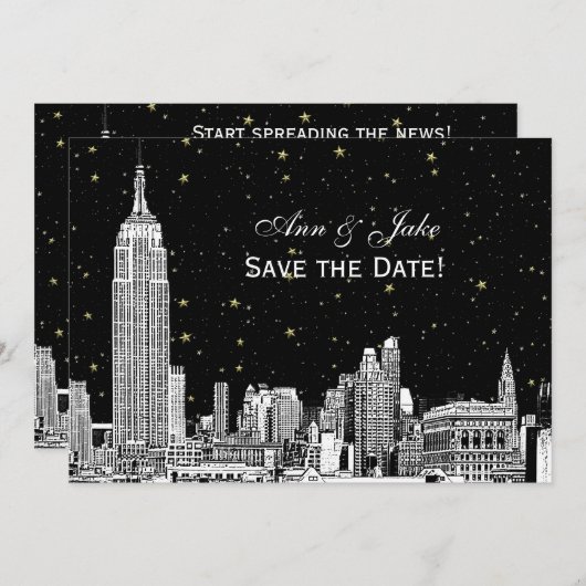 NYC Skyline 01 Etch DIY BG Kleur Save the Date Zwa (Voorkant / Achterkant)