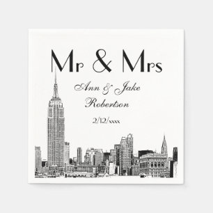 NYC Skyline 01 Etchd DIY BG Kleur Bruiloft Mr. Mrs Servetten