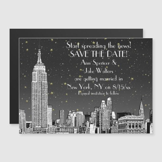 NYC Skyline 01 Etched Black Starry Save the Date Magnetische Uitnodiging (Voorkant / Achterkant)