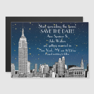 NYC Skyline 01 Etched Blue Starry Save the Date Magnetische Uitnodiging