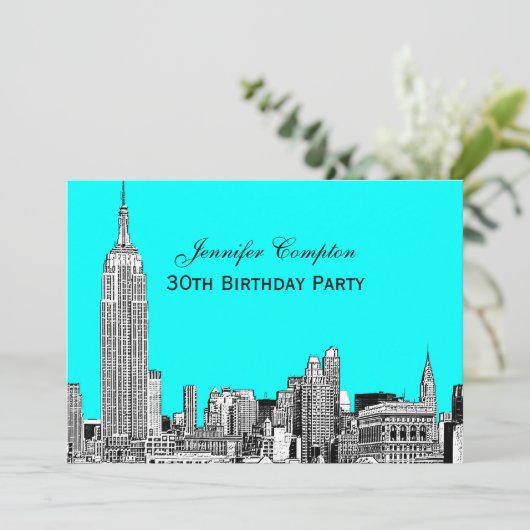 NYC Skyline 01 Etched DIY BG Colour Birthday Party Kaart (Staand voorkant)