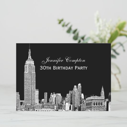 NYC Skyline 01 Etched DIY BG Colour Birthday Party Kaart (Staand voorkant)