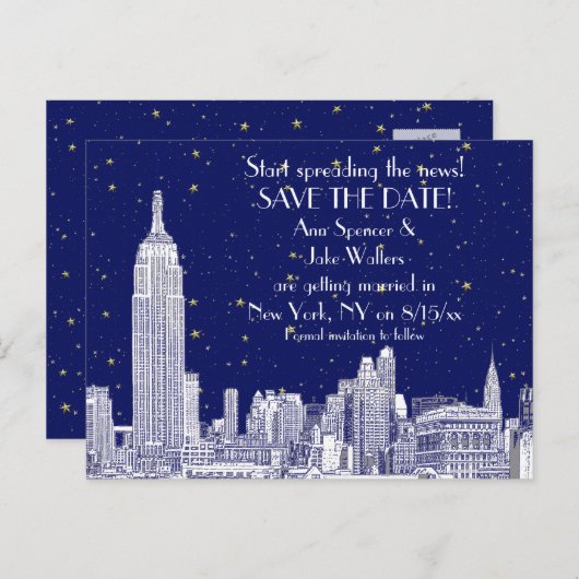 NYC Skyline 01 Etched DIY BG Starry Save the Date Aankondigingskaart (Voorkant / Achterkant)