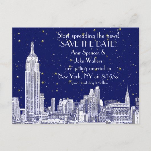 NYC Skyline 01 Etched DIY BG Starry Save the Date Aankondigingskaart (Voorkant)