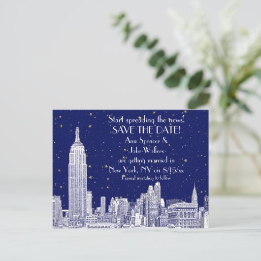 NYC Skyline 01 Etched DIY BG Starry Save the Date Aankondigingskaart (Staand voorkant)