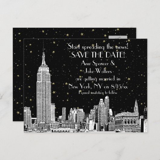 NYC Skyline 01 Etched DIY BG Starry Save the Date Aankondigingskaart (Voorkant / Achterkant)