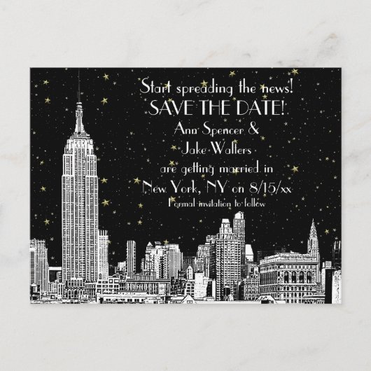 NYC Skyline 01 Etched DIY BG Starry Save the Date Aankondigingskaart (Voorkant)