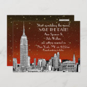 NYC Skyline 01 Etched Red Starry Save the Date Aankondigingskaart (Voorkant / Achterkant)