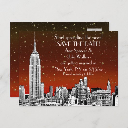 NYC Skyline 01 Etched Red Starry Save the Date Aankondigingskaart (Voorkant / Achterkant)