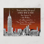 NYC Skyline 01 Etched Red Starry Save the Date Aankondigingskaart (Voorkant)