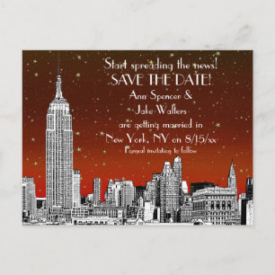 NYC Skyline 01 Etched Red Starry Save the Date Aankondigingskaart