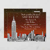 NYC Skyline 01 Etched Red Starry Save the Date Aankondigingskaart (Voorkant / Achterkant)