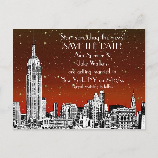 NYC Skyline 01 Etched Red Starry Save the Date Aankondigingskaart (Voorkant)