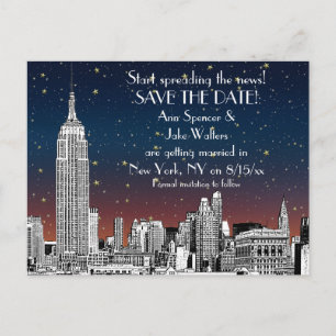 NYC Skyline 01 Etched Sunset Starry Save the Date Aankondigingskaart