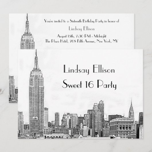 NYC Skyline 01 Etched Sweet 16 Party Kaart (Voorkant / Achterkant)