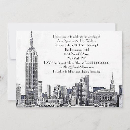 NYC Skyline 01 Etched Wedding Invite 2 Kaart (Achterkant)