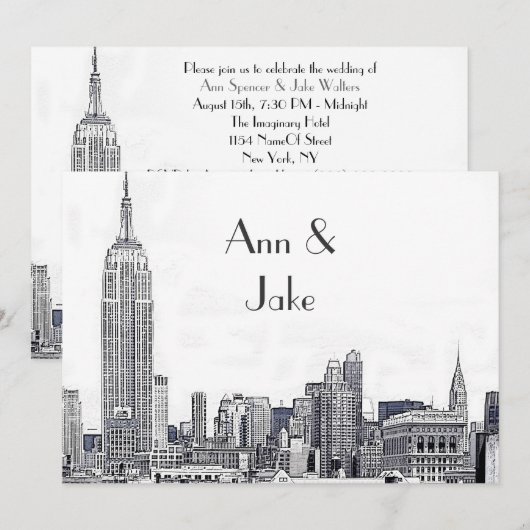 NYC Skyline 01 Etched Wedding Invite 2 Kaart (Voorkant / Achterkant)