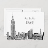 NYC Skyline 01 Etched White RSVP 1 Uitnodiging Briefkaart (Voorkant / Achterkant)