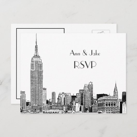 NYC Skyline 01 Etched White RSVP 1 Uitnodiging Briefkaart (Voorkant / Achterkant)