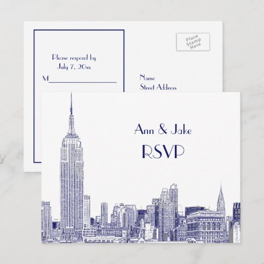 NYC Skyline 01 Etched White RSVP 1Blue Uitnodiging Briefkaart (Voorkant / Achterkant)
