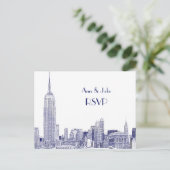 NYC Skyline 01 Etched White RSVP 1Blue Uitnodiging Briefkaart (Staand voorkant)