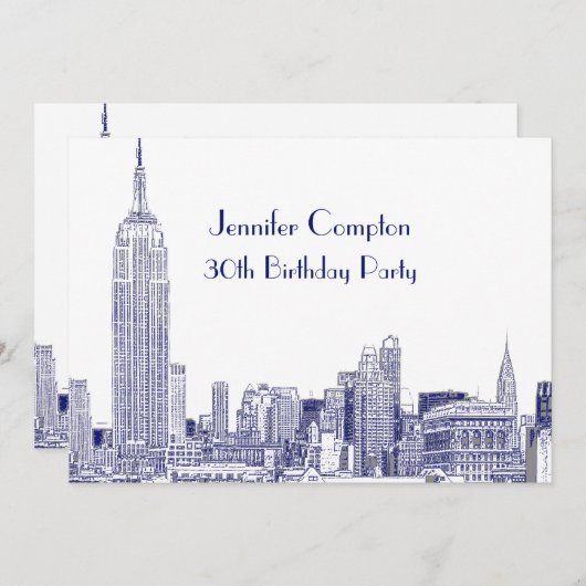 NYC Skyline 01 Etched Wht Birthday Party Blue Kaart (Voorkant / Achterkant)