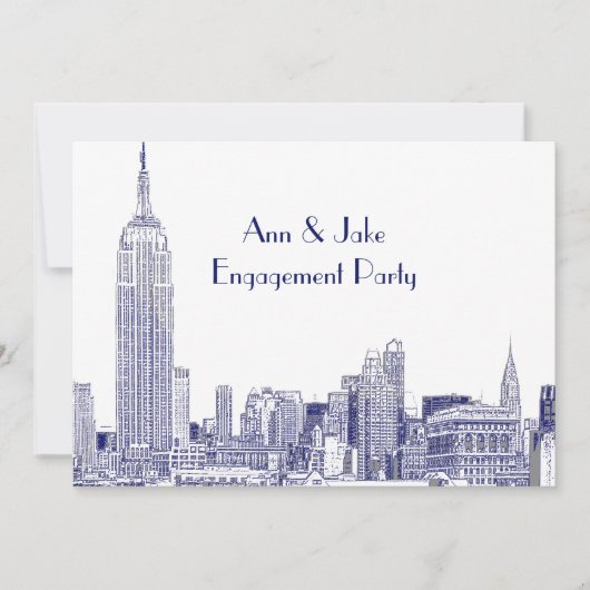 NYC Skyline 01 Etched Wht Engagement Party Blue Kaart (Voorkant)