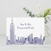 NYC Skyline 01 Etched Wht Engagement Party Blue Kaart (Staand voorkant)