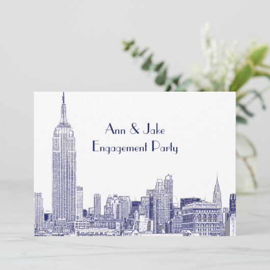 NYC Skyline 01 Etched Wht Engagement Party Blue Kaart (Staand voorkant)