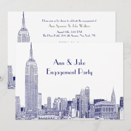 NYC Skyline 01 Etched Wht Engagement Party Blue Kaart (Voorkant / Achterkant)