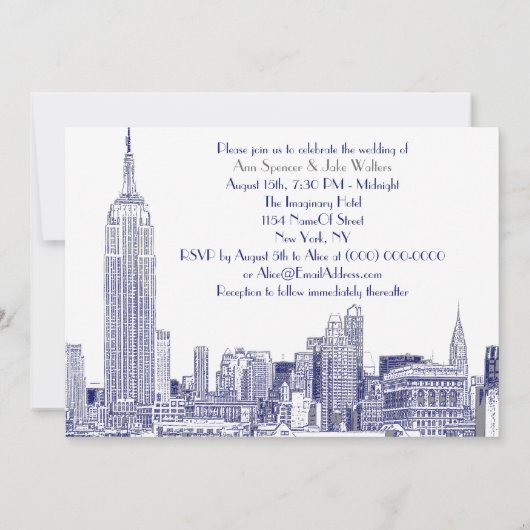 NYC skyline 01 geëtst bruiloft uitnodigen 2 blauw Kaart (Achterkant)