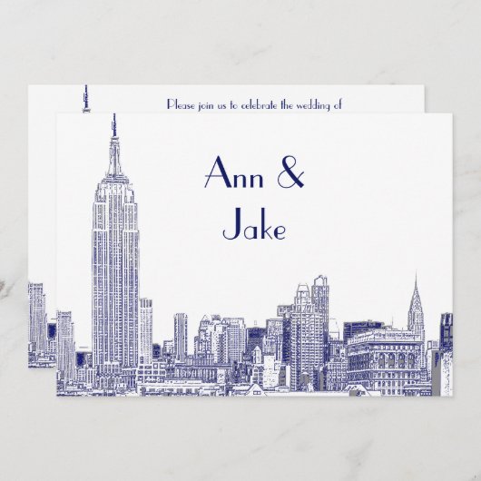 NYC skyline 01 geëtst bruiloft uitnodigen 2 blauw Kaart (Voorkant / Achterkant)
