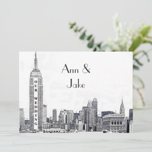 NYC skyline 01 geëtst bruiloft uitnodigen Kaart (Staand voorkant)