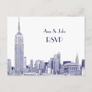 NYC Skyline 01 Gegraveerd Wit RSVP 1Blauw Uitnodiging Briefkaart
