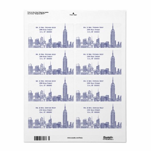 NYC Skyline 01A Etched Address Label Blue (Full Sheet)