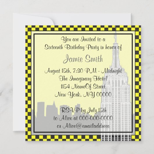NYC Skyline 2 Ets ESB Geruite Taxi Sweet 16 Kaart (Achterkant)