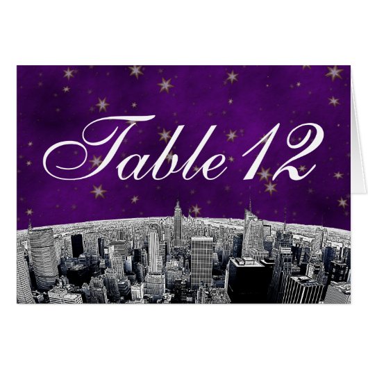 NYC Skyline 2 Paars Gold Star Table Number (Voorkant Horizontaal)