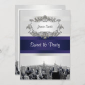 NYC Skyline 2 White, Blue Ribbon Sweet 16 Kaart (Voorkant / Achterkant)