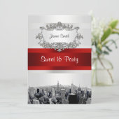NYC Skyline 2 White, Red Ribbon Sweet 16 Kaart (Staand voorkant)