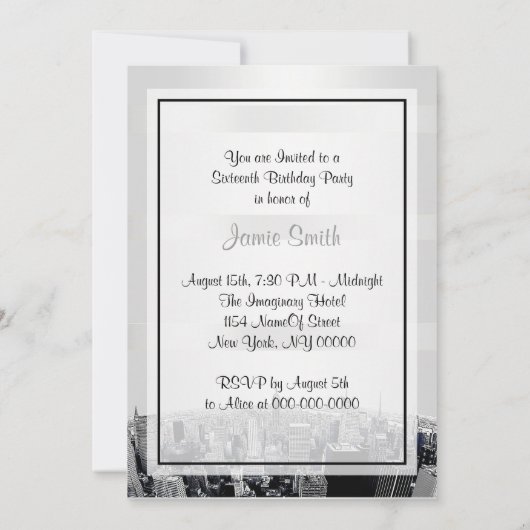 NYC Skyline 2 White, Red Ribbon Sweet 16 Kaart (Achterkant)