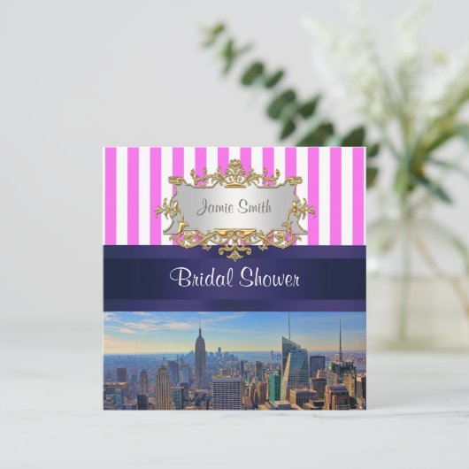 NYC Skyline B2 Roze witte streep Vrijgezellenfeest Kaart (Staand voorkant)